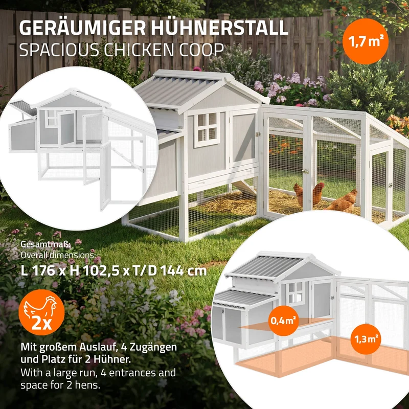 Hühnerstall mit Auslauf, Großes Hühnerhaus winterfest aus Massivholz XXL 144 x 176 x 102,5 cm, Geflügelstall mit Freilaufgehege & Nistkasten
