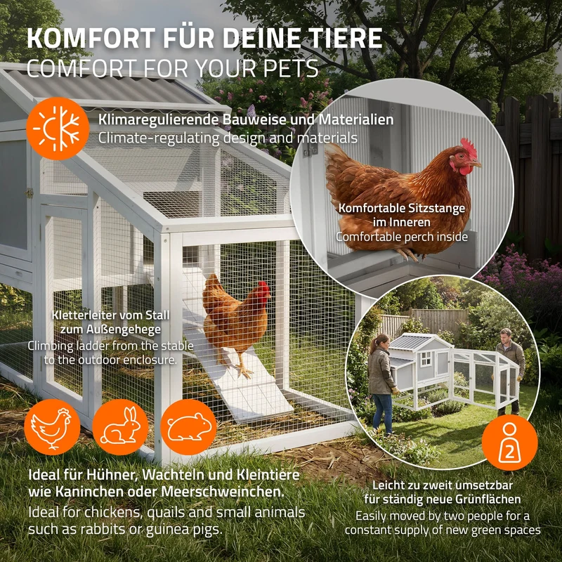 Hühnerstall mit Auslauf, Großes Hühnerhaus winterfest aus Massivholz XXL 144 x 176 x 102,5 cm, Geflügelstall mit Freilaufgehege & Nistkasten
