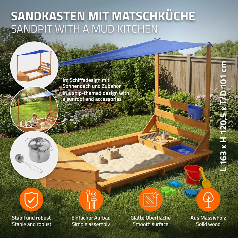 Sandkasten mit Dach 101x163 cm, aus Massivholz, Sandbox für Kinder mit Matschküche, Boots-/Schiffsdesign, UV Sonnenschutz ML-Design