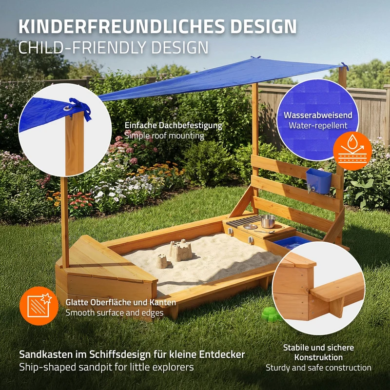 Sandkasten mit Dach 101x163 cm, aus Massivholz, Sandbox für Kinder mit Matschküche, Boots-/Schiffsdesign, UV Sonnenschutz ML-Design
