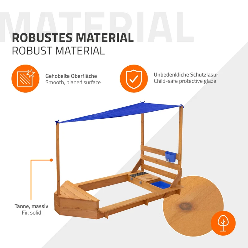 Sandkasten mit Dach 101x163 cm, aus Massivholz, Sandbox für Kinder mit Matschküche, Boots-/Schiffsdesign, UV Sonnenschutz ML-Design