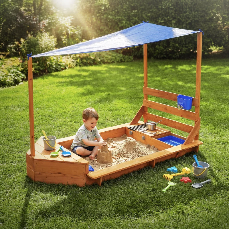 Sandkasten mit Dach 101x163 cm, aus Massivholz, Sandbox für Kinder mit Matschküche, Boots-/Schiffsdesign, UV Sonnenschutz ML-Design