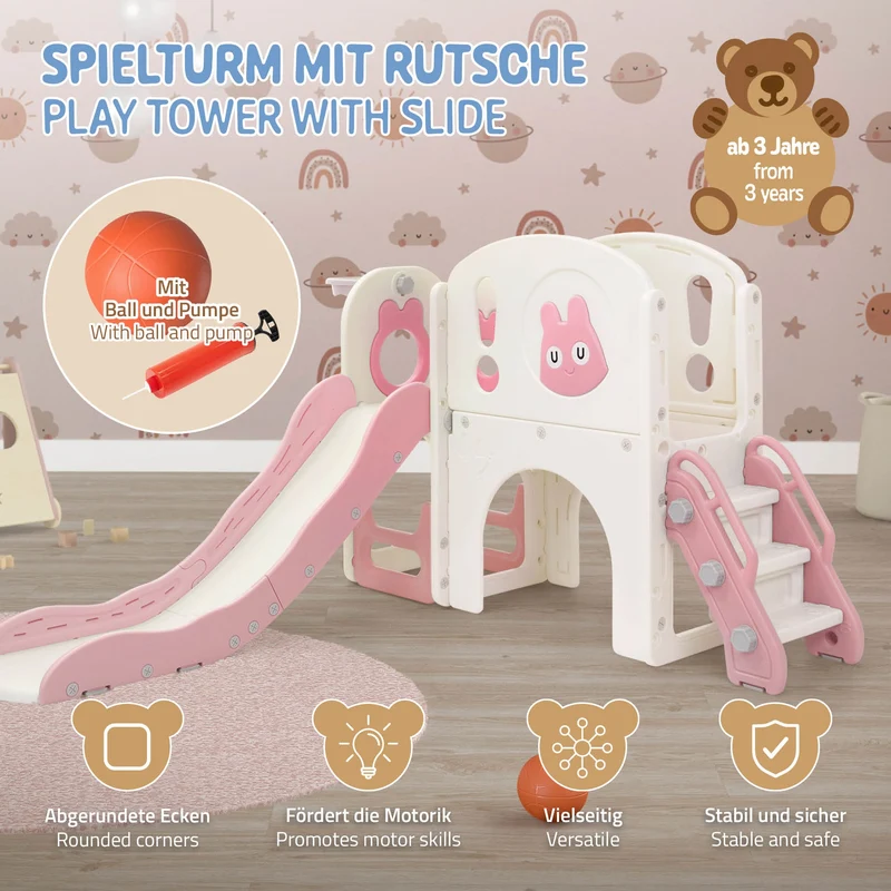 Kinderrutsche mit Spielturm Rosa-Weiß 5in1 mit Basketballkorb und Kletterwand Indoor/Outdoor für Kleinkinder ab 3 Jahren Joyz