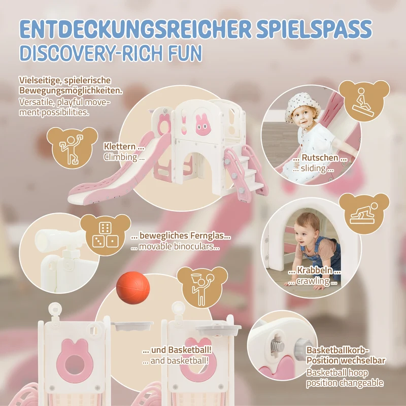 Kinderrutsche mit Spielturm Rosa-Weiß 5in1 mit Basketballkorb und Kletterwand Indoor/Outdoor für Kleinkinder ab 3 Jahren Joyz