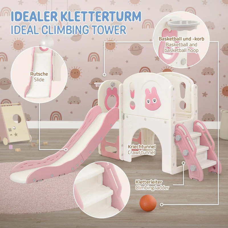 Kinderrutsche mit Spielturm Rosa-Weiß 5in1 mit Basketballkorb und Kletterwand Indoor/Outdoor für Kleinkinder ab 3 Jahren Joyz