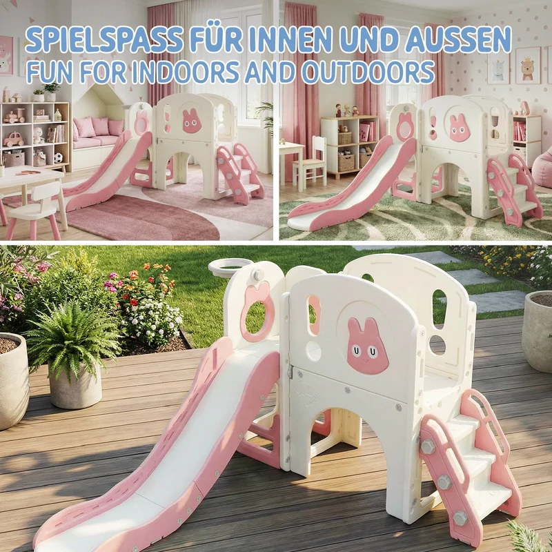 Kinderrutsche mit Spielturm Rosa-Weiß 5in1 mit Basketballkorb und Kletterwand Indoor/Outdoor für Kleinkinder ab 3 Jahren Joyz