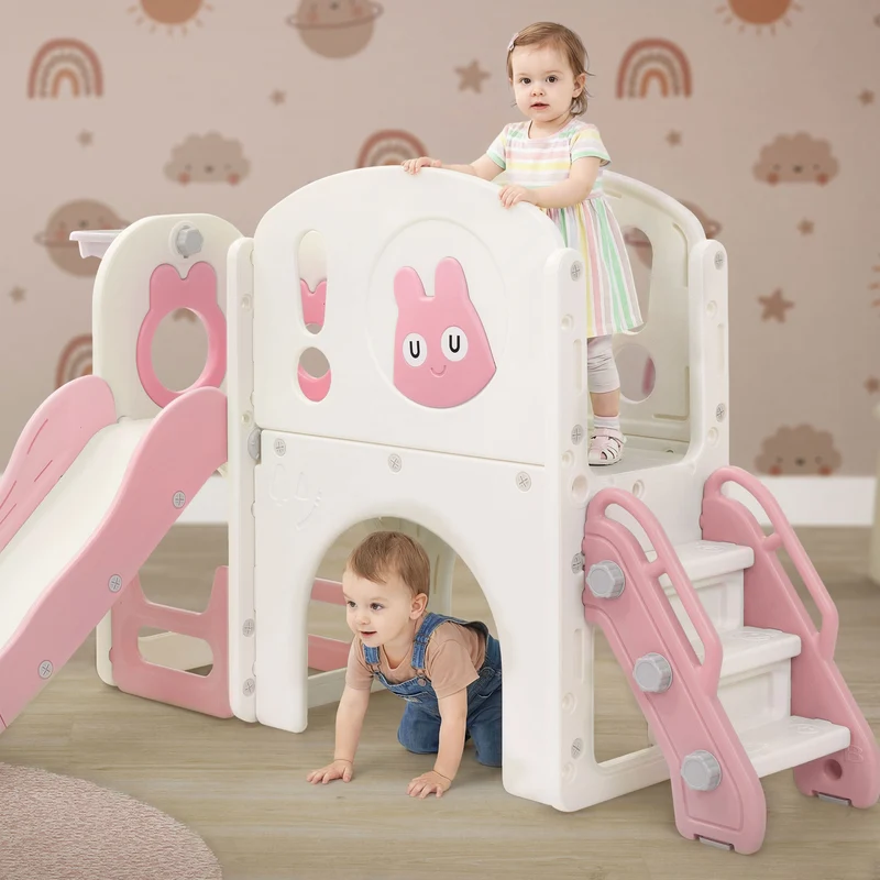 Kinderrutsche mit Spielturm Rosa-Weiß 5in1 mit Basketballkorb und Kletterwand Indoor/Outdoor für Kleinkinder ab 3 Jahren Joyz