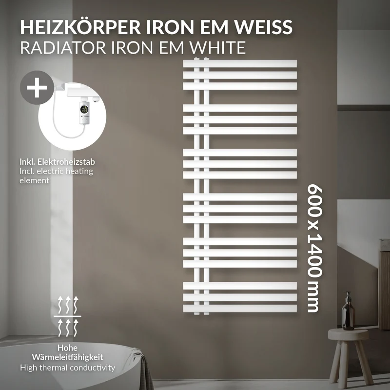 Badheizkörper Mittelanschluss 600x1400 mm Weiß mit Heizstab 1200W LuxeBath