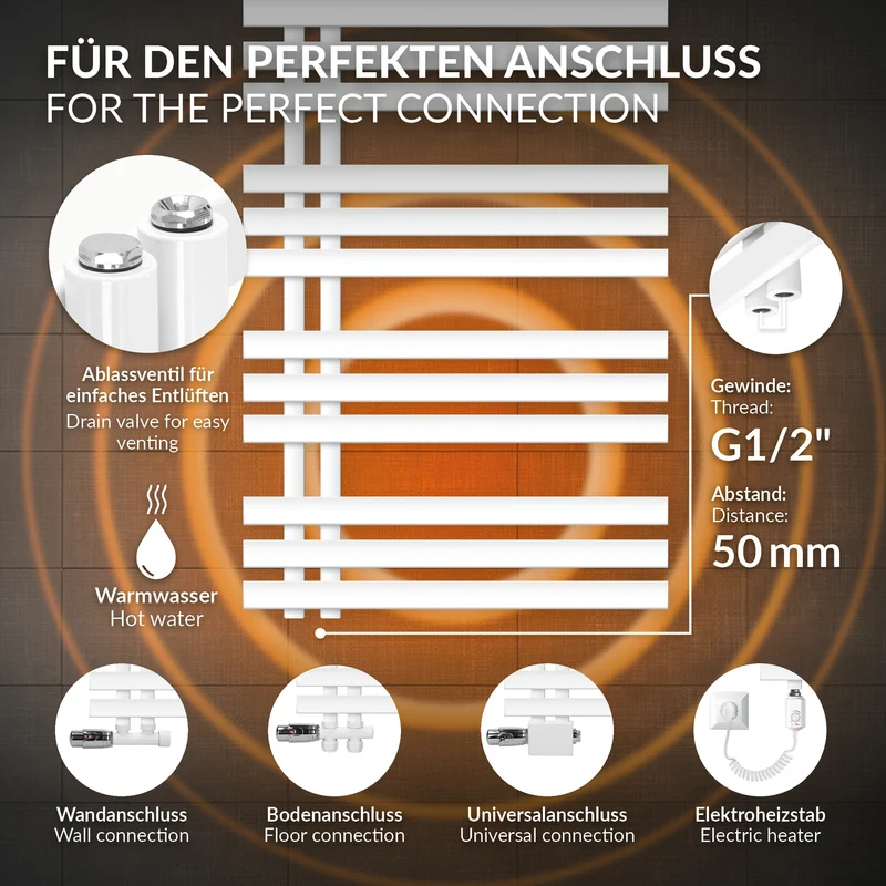 Badheizkörper Mittelanschluss 600x1400 mm Weiß mit Heizstab 900W LuxeBath