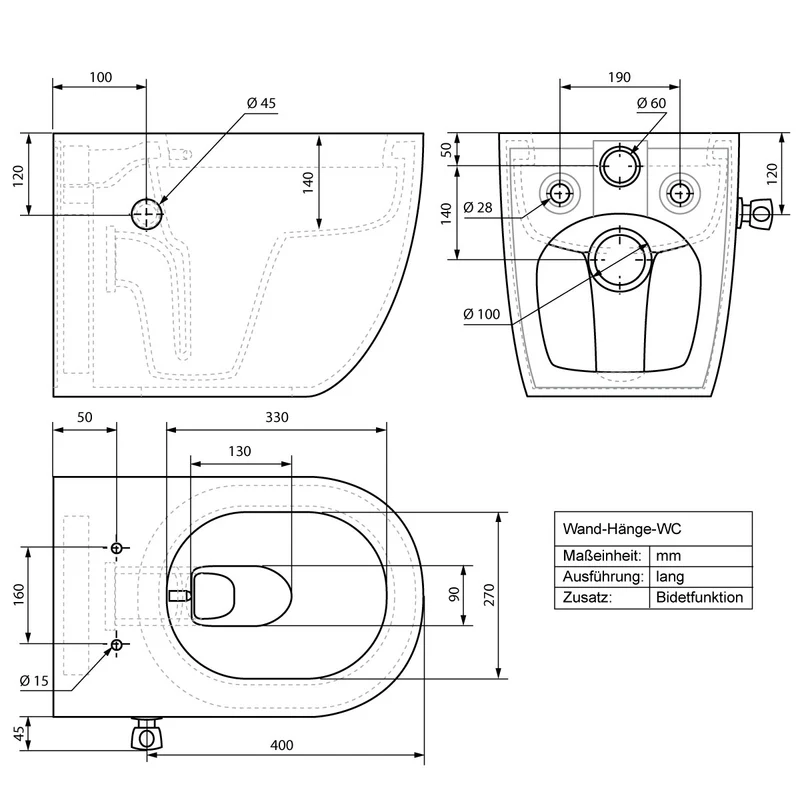 Wand-WC Hänge Toilette aus Keramik 55,5 cm lang Spülrandlos mit Softclose