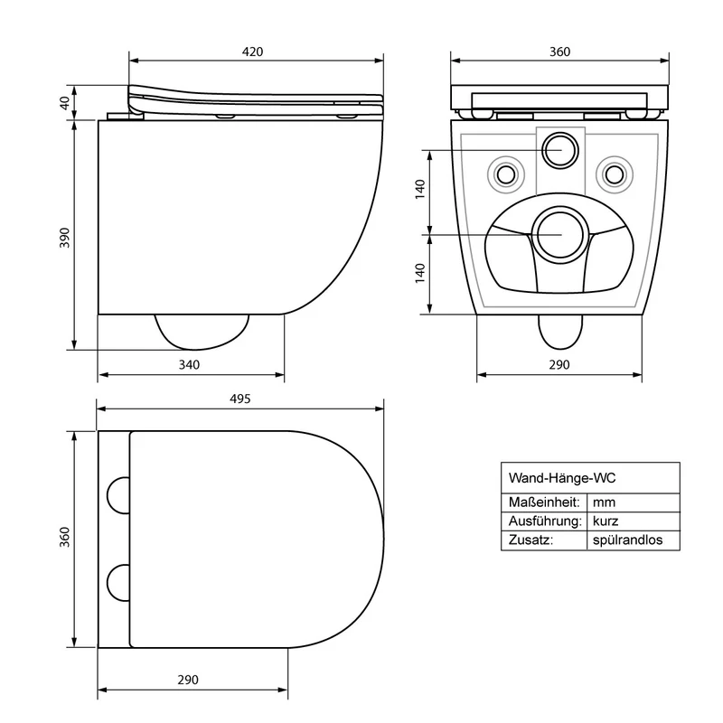 Wand-WC Hänge Toilette aus Keramik 49 cm lang Spülrandlos mit Softclose Luxebath