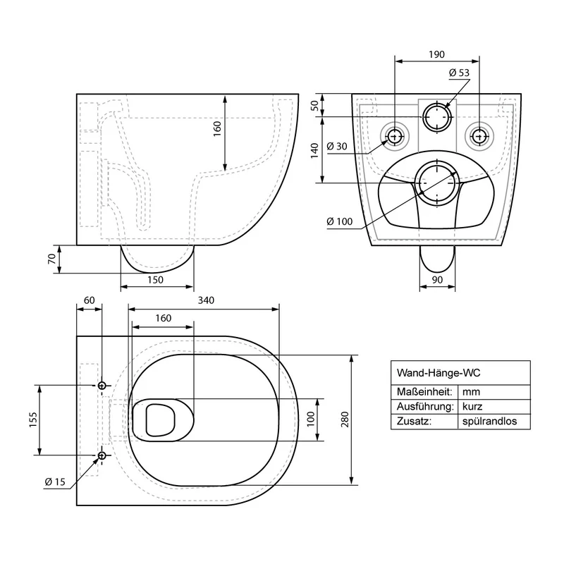 Wand-WC Hänge Toilette aus Keramik 49 cm lang Spülrandlos mit Softclose Luxebath