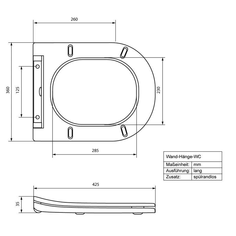 Wand-WC Hänge Toilette aus Keramik 49 cm lang Spülrandlos mit Softclose Luxebath