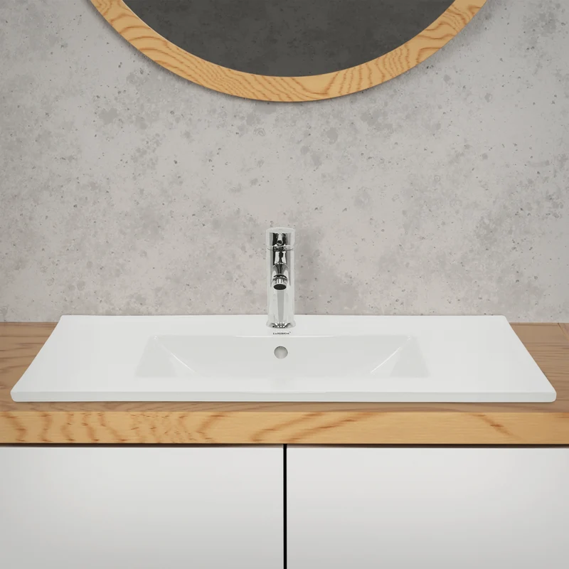Waschbecken mit Wasserhahn ausziehbare Brause eckig 81x46,5x17,5 cm Weiß aus Keramik inkl. Ablaufgarnitur Silber mit Überlauf LuxeBath