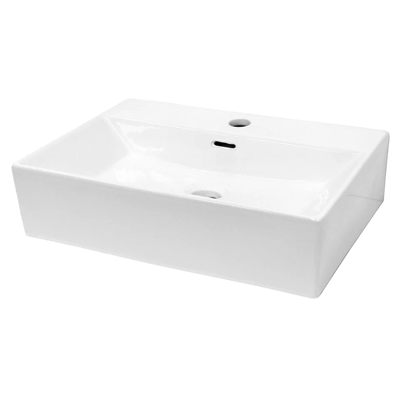Waschbecken mit Wasserhahn ausziehbare Brause eckig 51,5x36x13 cm Weiß aus Keramik inkl. Ablaufgarnitur Silber mit Überlauf LuxeBath