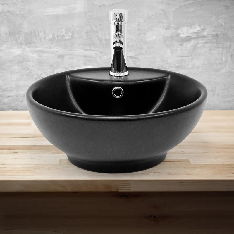 Waschbecken Rund mit Überlauf Ø 45,5x18,5 cm Schwarz matt aus Keramik ML-Design