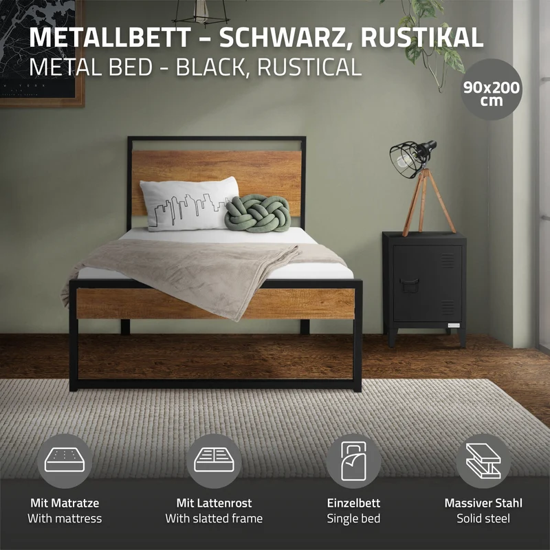 Bettgestell Einzelbett 90x200cm aus Metall in Schwarz mit Kopf- & Fußteil aus Holz, Lattenrost & Matratze H-10cm ML-Design