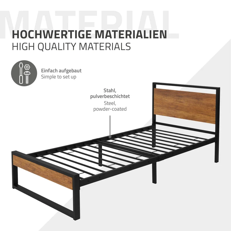 Bettgestell Einzelbett 90x200cm aus Metall in Schwarz mit Kopf- & Fußteil aus Holz, Lattenrost & Matratze H-10cm ML-Design