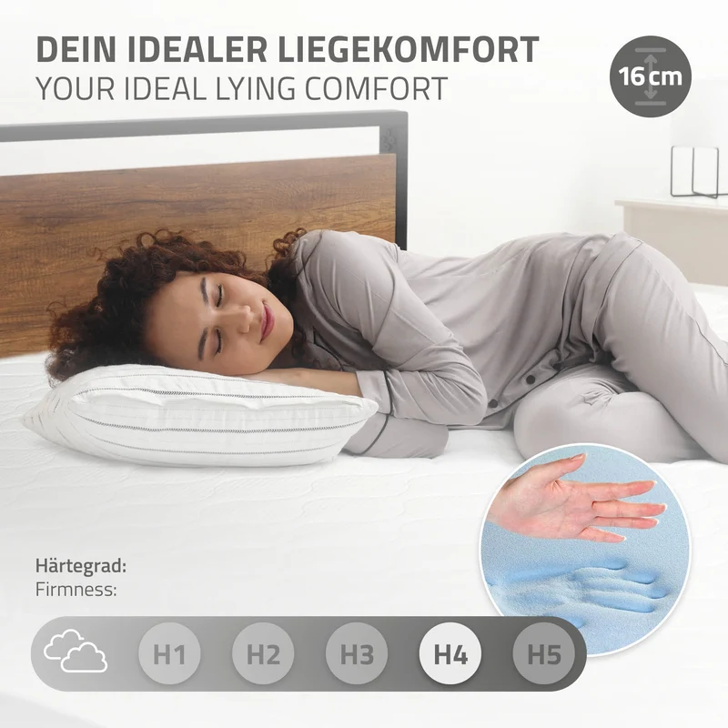 Bettgestell Einzelbett 90x200cm aus Metall in Schwarz mit Kopf- & Fußteil aus Holz, Lattenrost & Matratze H-16cm ML-Design