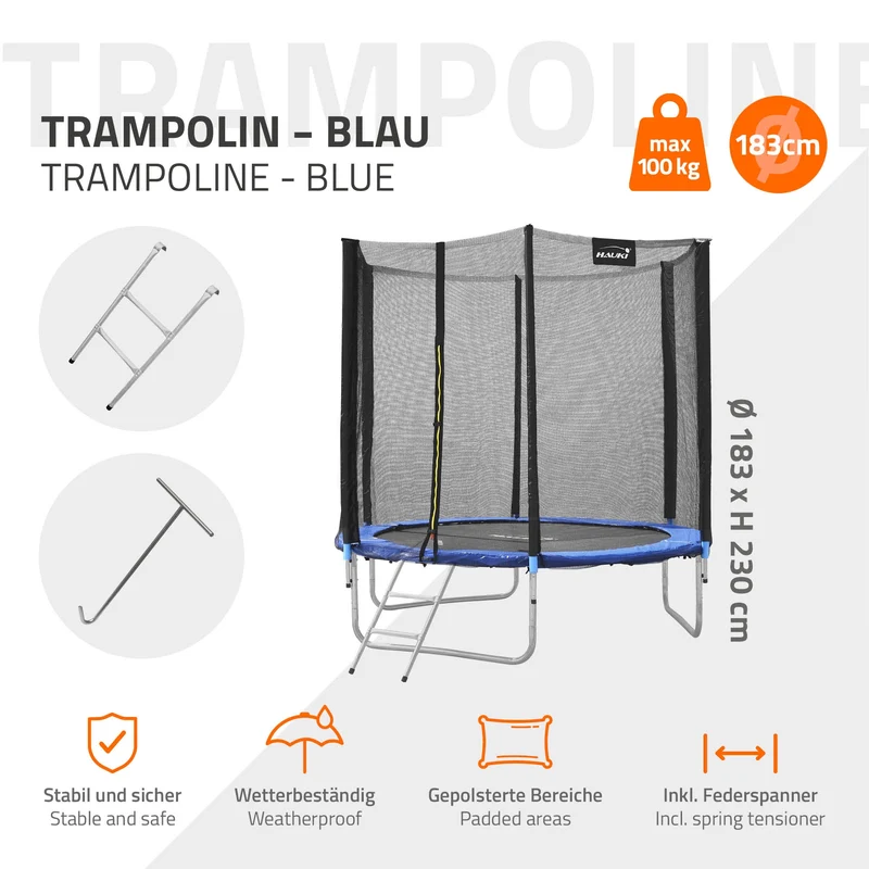 Trampolin Ø183 cm mit Sicherheitsnetz, Leiter und gepolsterten Stangen Blau bis 100kg HAUKI