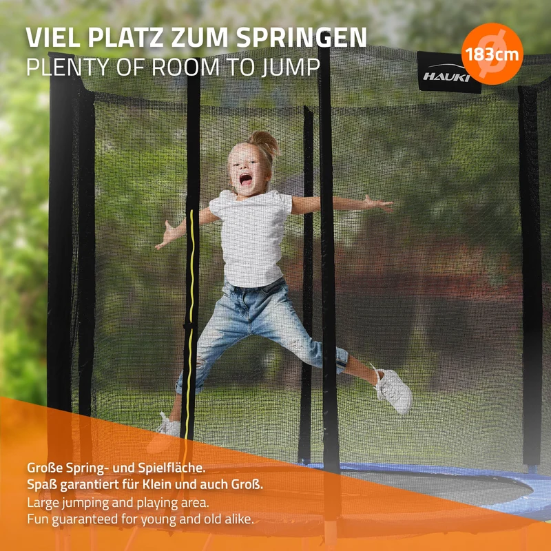 Trampolin Ø183 cm mit Sicherheitsnetz, Leiter und gepolsterten Stangen Blau bis 100kg HAUKI