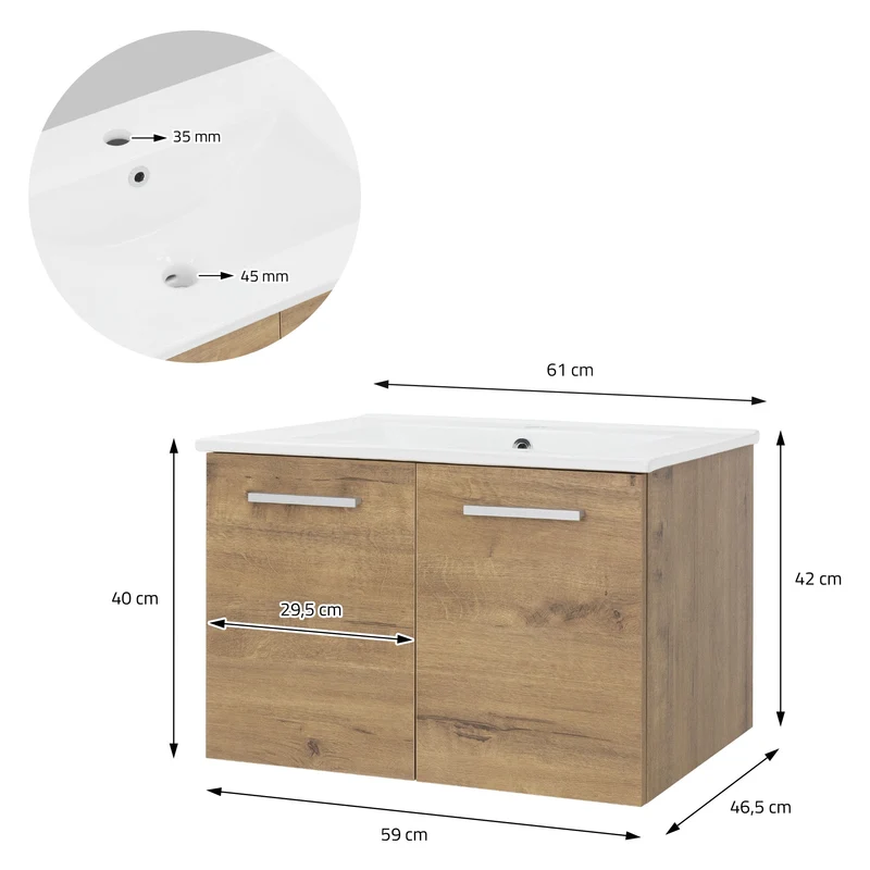 Badmöbel Badezimmermöbel Set 2-Teilig Unterschrank Waschbecken 61x42x46,5 cm Optik in Roteiche ML-Design