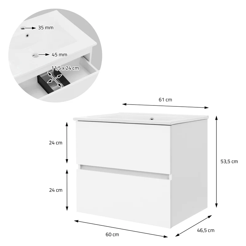 Badmöbel Badezimmermöbel Set 2-Teilig Unterschrank Waschbecken 61x53,5x46,5 cm in Weiß ML-Design