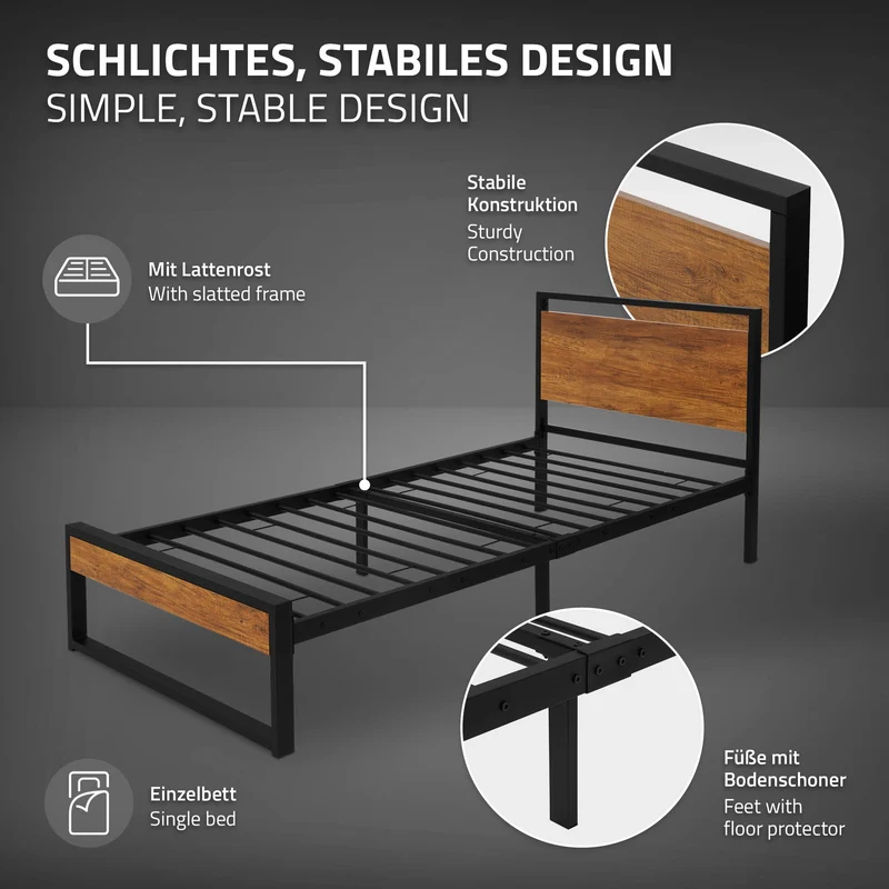 Bettgestell Einzelbett 90x200cm aus Metall in Schwarz mit Kopf- & Fußteil aus Holz & Lattenrost ML-Design