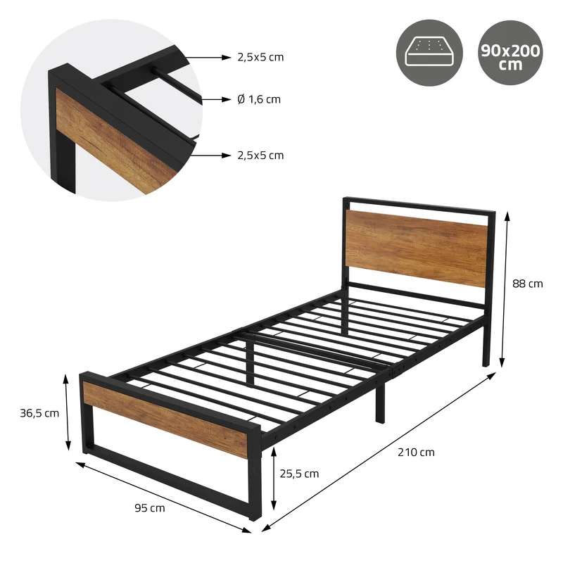 Bettgestell Einzelbett 90x200cm aus Metall in Schwarz mit Kopf- & Fußteil aus Holz & Lattenrost ML-Design
