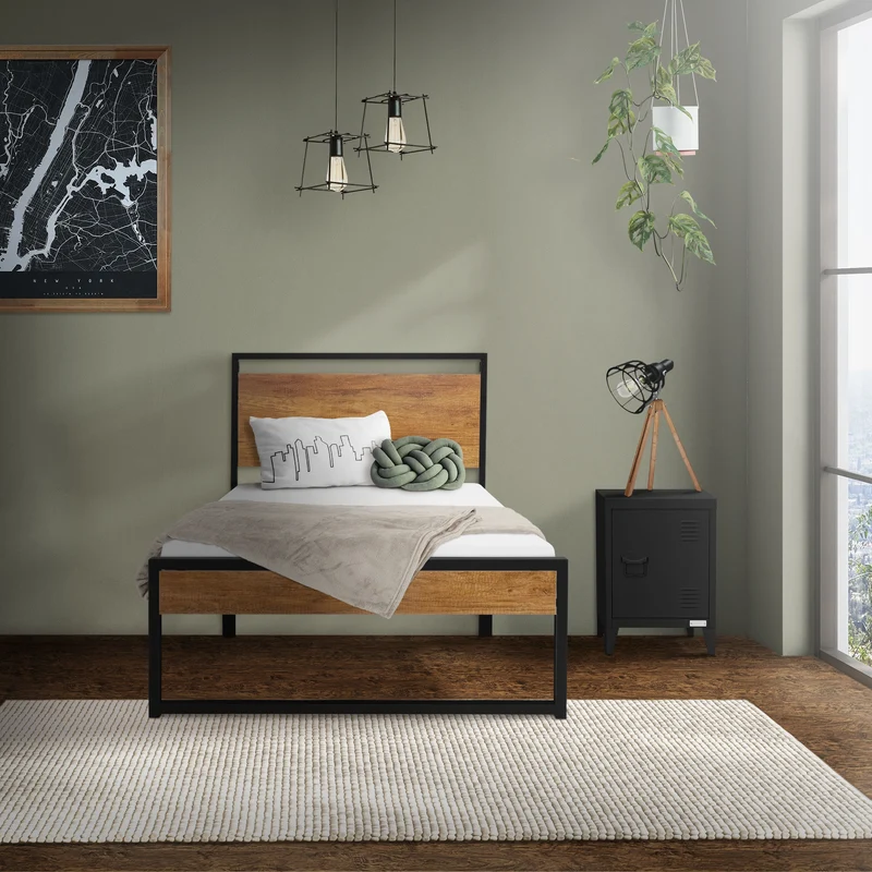 Bettgestell Einzelbett 90x200cm aus Metall in Schwarz mit Kopf- & Fußteil aus Holz & Lattenrost ML-Design