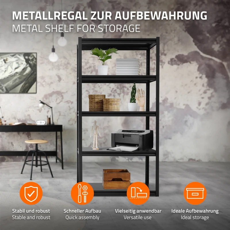 Schwerlastregal 183x90x40 cm Schwarz aus Metall inkl. 5 Böden ML-Design