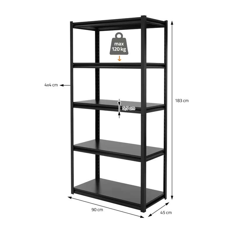 Schwerlastregal 183x90x45 cm Schwarz aus Metall inkl. 5 Böden ML-Design