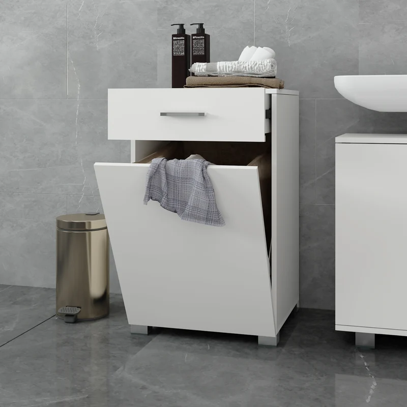 Badmöbel Badezimmermöbel Set 5-Teilig Spiegelschrank Hochschrank Unterschrank Midischrank Wäscheschrank in Weiß ML-Design