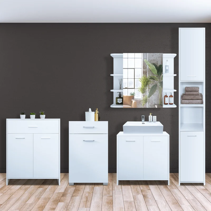 Badmöbel Badezimmermöbel Set 5-Teilig Spiegelschrank Hochschrank Unterschrank Midischrank Wäscheschrank in Weiß ML-Design