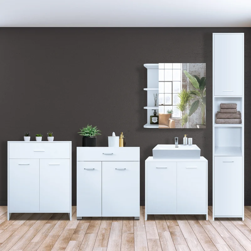 Badmöbel Badezimmermöbel Set 5-Teilig Spiegelschrank Hochschrank Unterschrank Midischrank Wäscheschrank in Weiß ML-Design