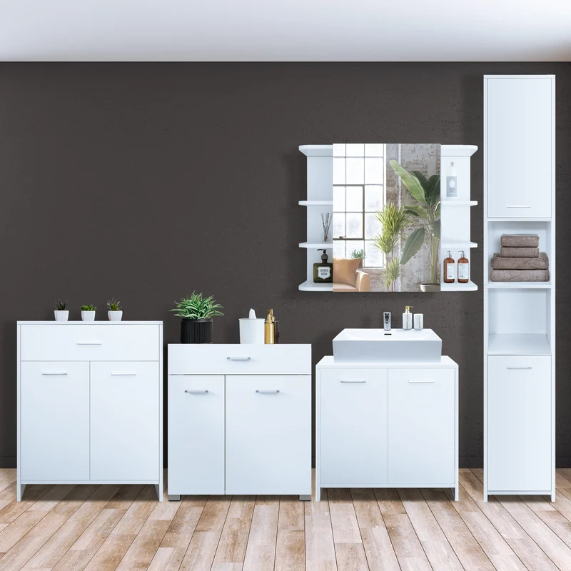 Badmöbel Badezimmermöbel Set 5-Teilig Spiegelschrank Hochschrank Unterschrank Midischrank Wäscheschrank in Weiß ML-Design