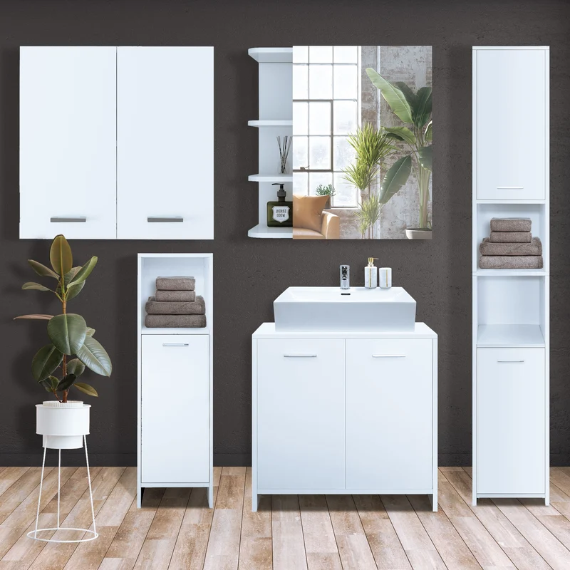 Badmöbel Badezimmermöbel Set 5-Teilig Spiegelschrank Hochschrank Unterschrank Midischrank Hängeschrank in Weiß ML-Design