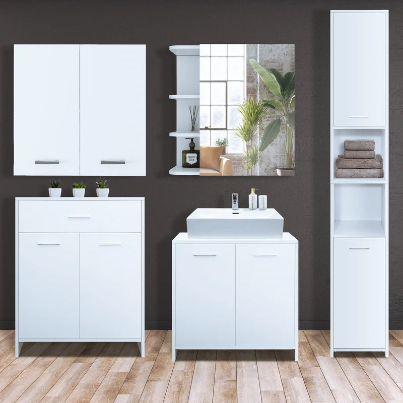 Badmöbel Badezimmermöbel Set 5-Teilig Spiegelschrank Hochschrank Unterschrank Midischrank Hängeschrank in Weiß ML-Design