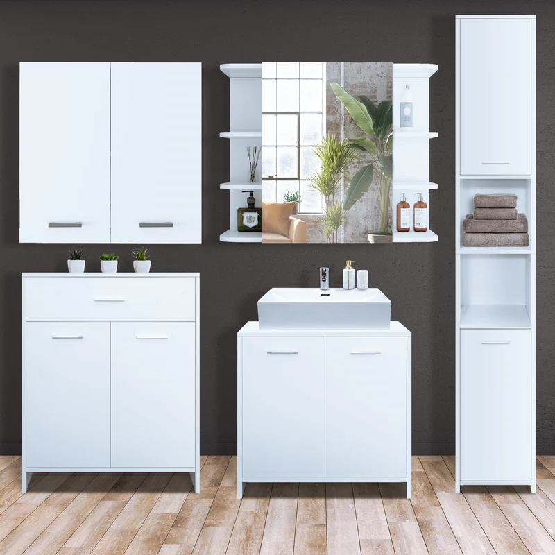Badmöbel Badezimmermöbel Set 5-Teilig Spiegelschrank Hochschrank Unterschrank Midischrank Hängeschrank in Weiß ML-Design