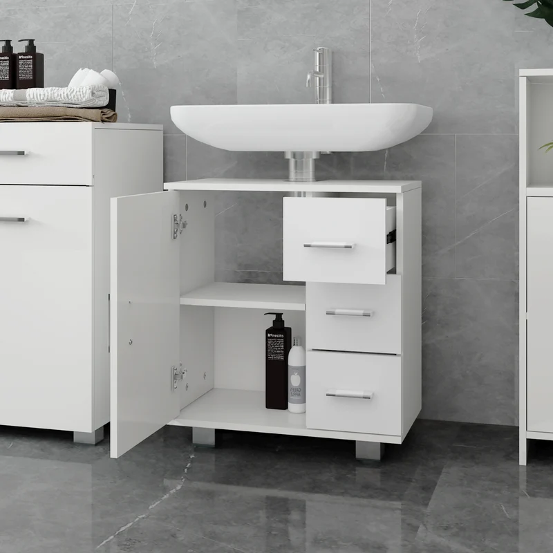Badmöbel Badezimmermöbel Set 4-Teilig Hochschrank Waschenbeckenunterschrank Midischrank Wäscheschrank in Weiß ML-Design