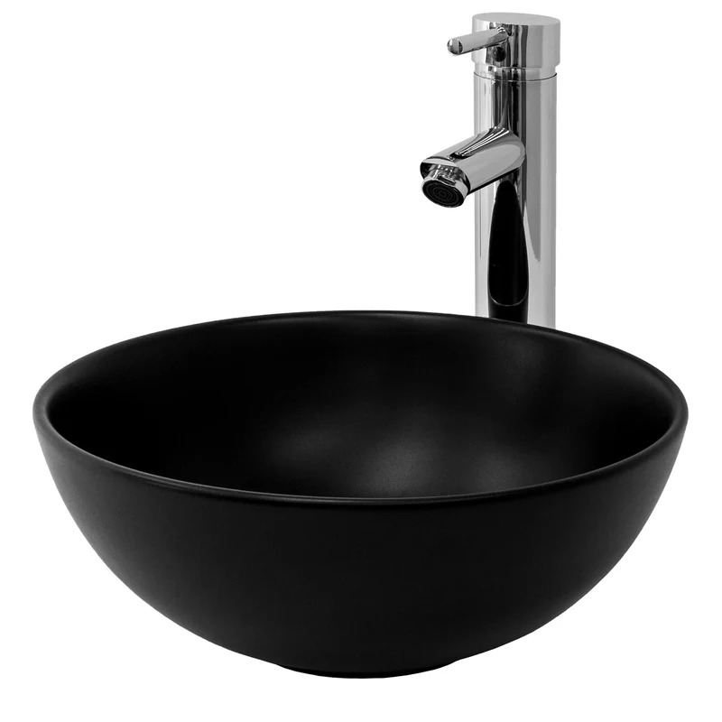 Waschbecken inkl. Ablaufgarnitur ohne Überlauf Ø 32x13,5 cm Schwarz matt aus Keramik LuxeBath