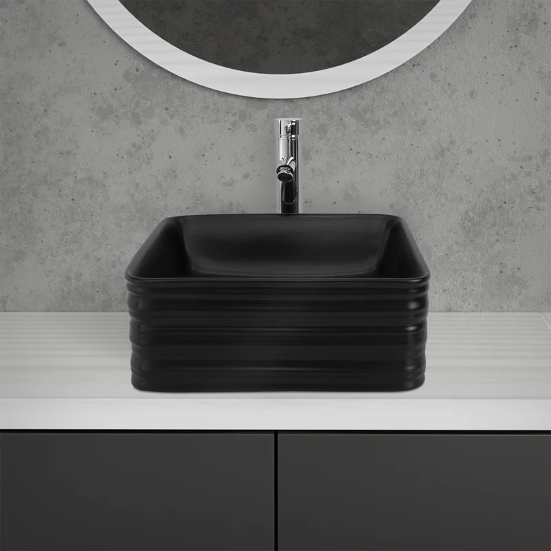 Waschbecken inkl. Ablaufgarnitur Schwarz ohne Überlauf 39x39x15 cm Schwarz aus Keramik ML-Design