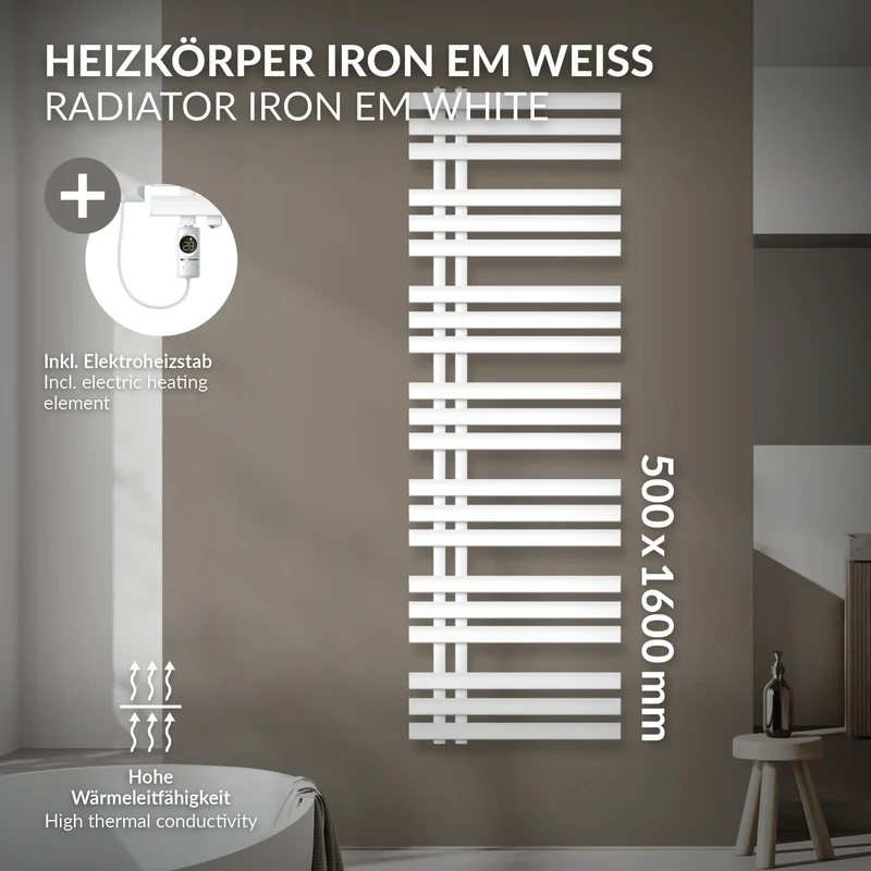 Badheizkörper Mittelanschluss 500x1600 mm Weiß mit Heizstab 900W LuxeBath