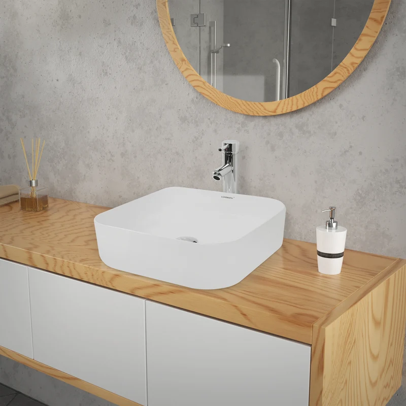 Waschbecken inkl. Ablaufgarnitur Silber ohne Überlauf 39x39x14 cm Weiß aus Keramik LuxeBath