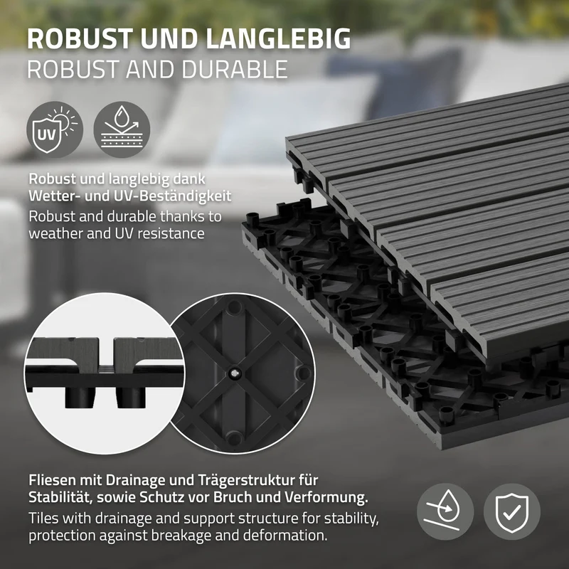 4m² 44 Stück WPC Terrassenfliesen 30x30 cm Anthrazit in Holzoptik Balkon Bodenbelag mit Drainage und Klicksystem Terrassendielen Balkonfliesen