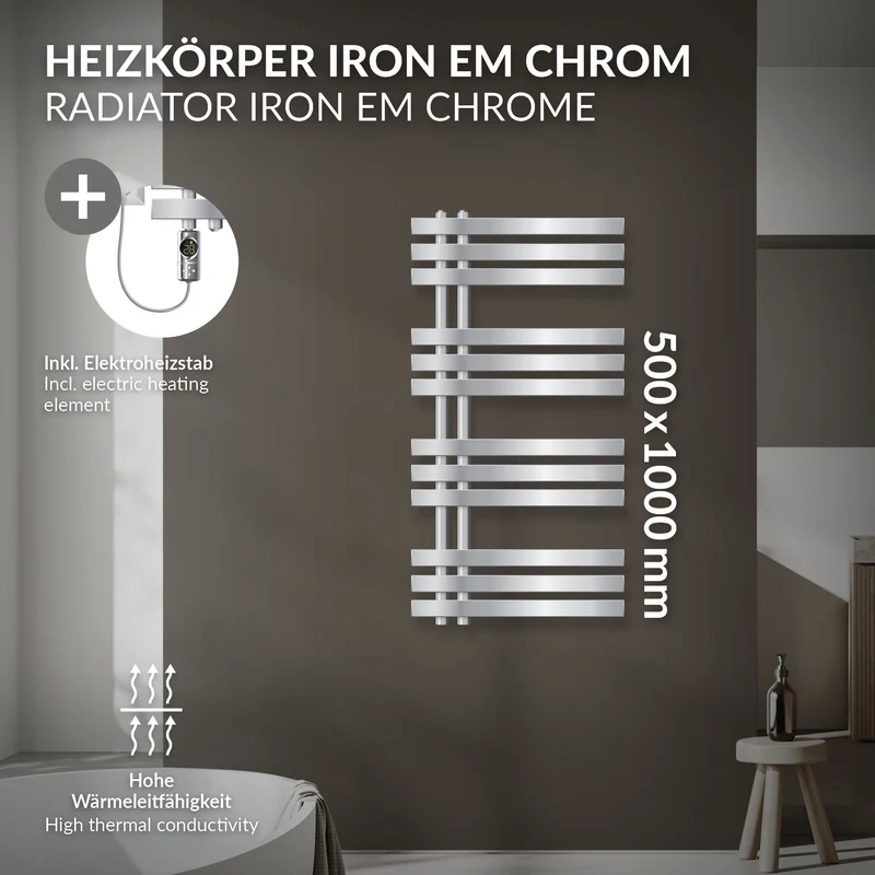 Badheizkörper Mittelanschluss 500x1000 mm Chrom mit Heizstab 300W LuxeBath