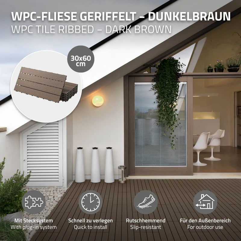 3er Pack WPC Bodenplatte 60x30 dunkelbraun