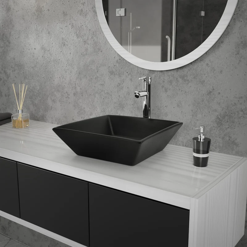 Waschbecken inkl. Ablaufgarnitur Silber ohne Überlauf 41x41x12 cm Schwarz aus Keramik ML-Design