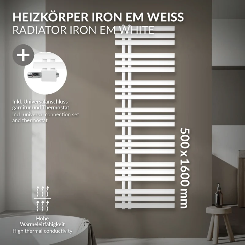 Badheizkörper Mittelanschluss 500x1600 mm Weiß mit Universale Anschlussgarnitur LuxeBath