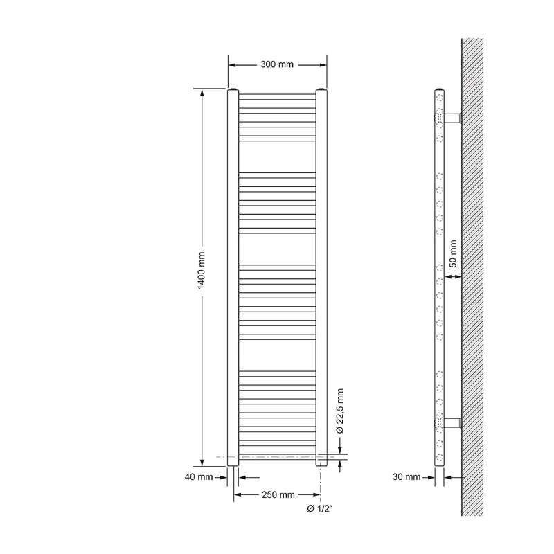 Elektrischer Badheizkörper mit Heizstab 1200W 300x1400 mm Anthrazit gerade mit Seitenanschluss LuxeBath
